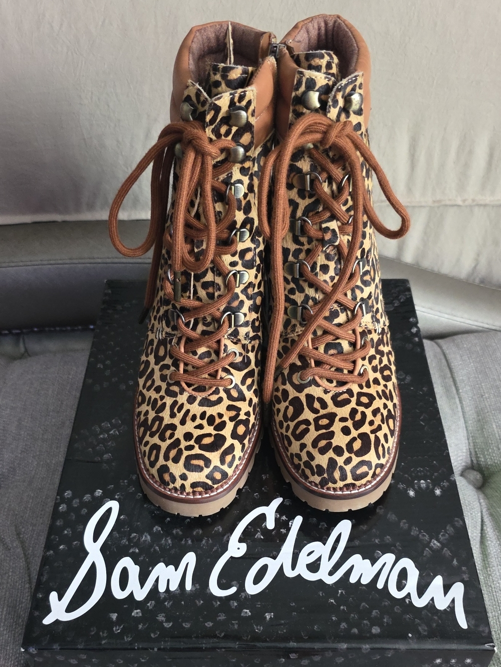 Sam Edelman Leopard Lace-Up Ankle Boots in Brown and Black 9M